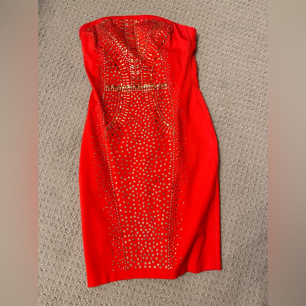 Cache Red Strapless Studded Cocktail Dress Sz 6